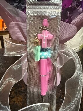 Hand Crafted Pink Cross Charm Pen with Mint and Turquoise Accents